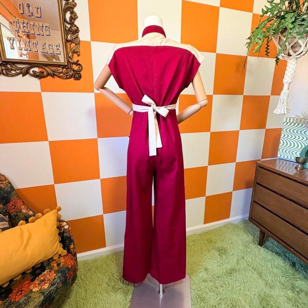 70s Vintage Maroon Beige Southwestern Embroidered Wide Leg Jumpsuit - Picture 7 of 7